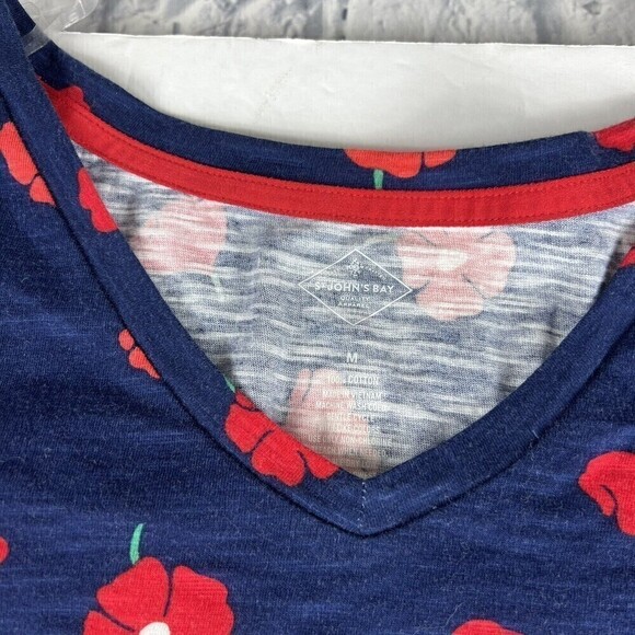 St John's Bay Navy Floral Blouse M Cold Shoulder , ￼ Shoulder Ties￼ Short Sleeve - Picture 7 of 10